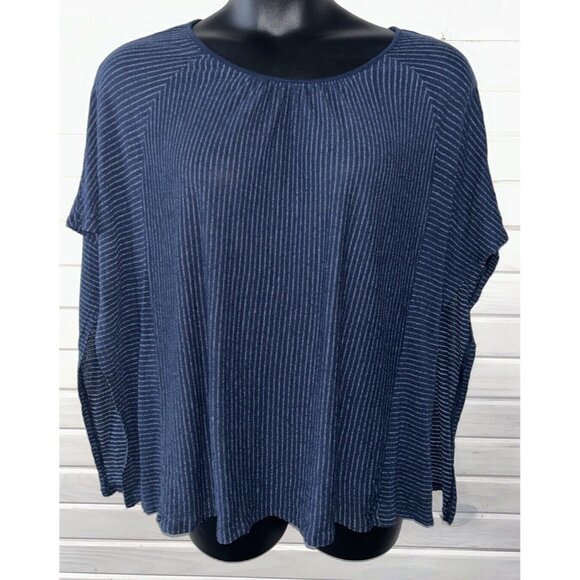 J. JILL Sz PLUS 2X Navy Blue White Stripe Caftan Linen Tee Tunic EUC - Picture 2 of 10